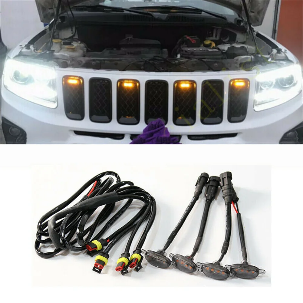 4Pcs Suitable For Jeep Grand Cherokee 2003-2021 Front Grille LED Light Raptor Style Grill LED Light For Four Smoked Shell