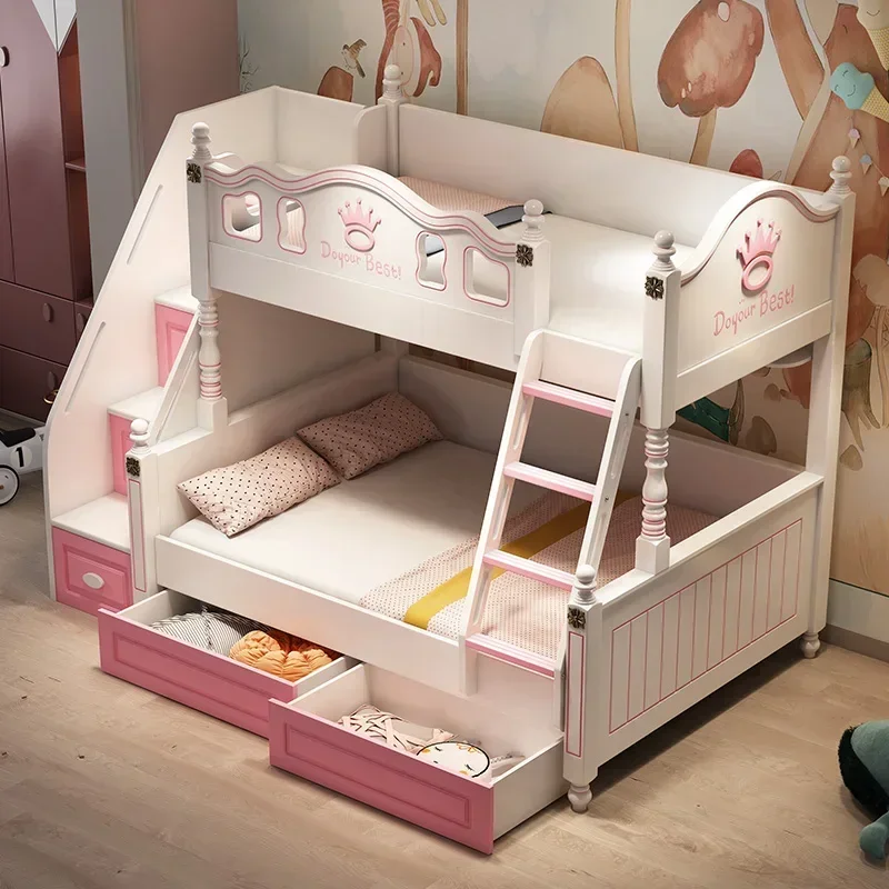 

Double layered pink children's solid wood double layered princess bed