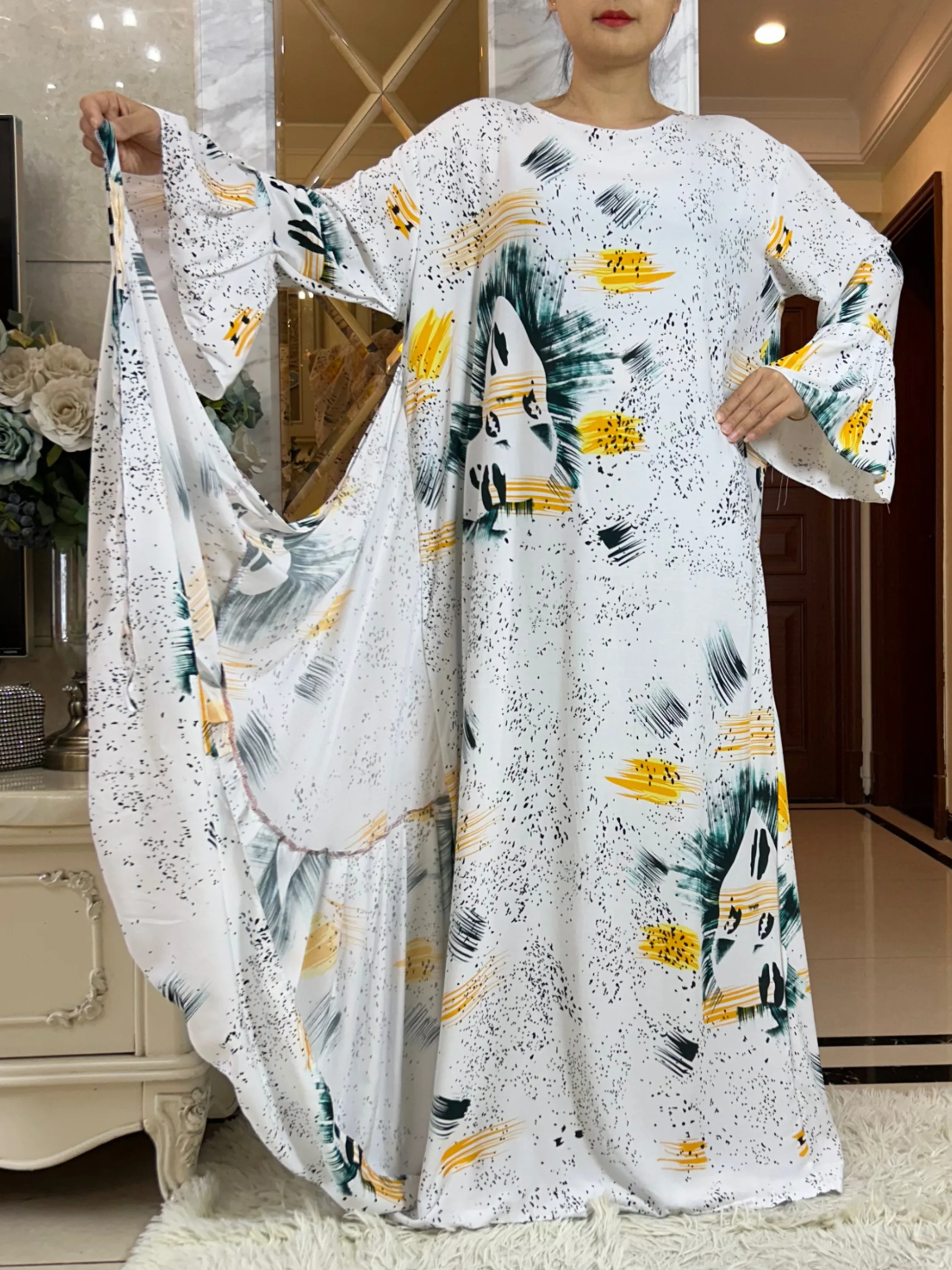 Latest Dubai Fashion Lady Clothing Soft Cotton Printing Loose Maxi Islam Women  Long Sleeve African Abaya Dress With Scarf