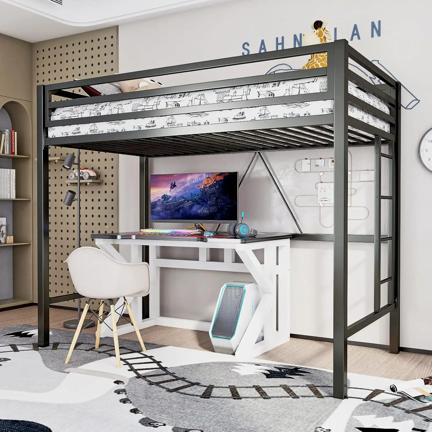 Metal Loft Bed Twin Size, Multifunctional Twin Bed with Safety Guard & Removable Ladder, Space-Saving/Noise Free/No Box