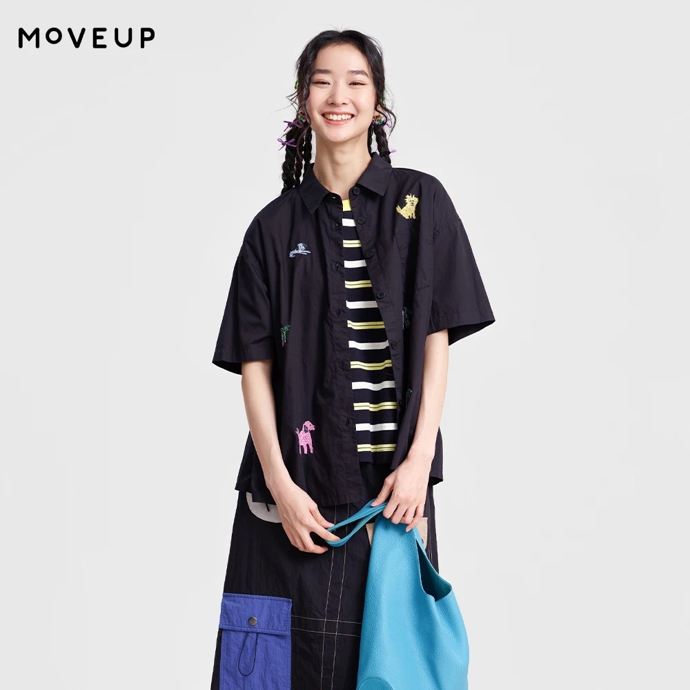 

Рубашка с коротким рукавом MOVEUP, новинка весны 2026, с карманом, вышивкой мультяшных животных и бисером, повседневная, для женщин, 3ELC20424