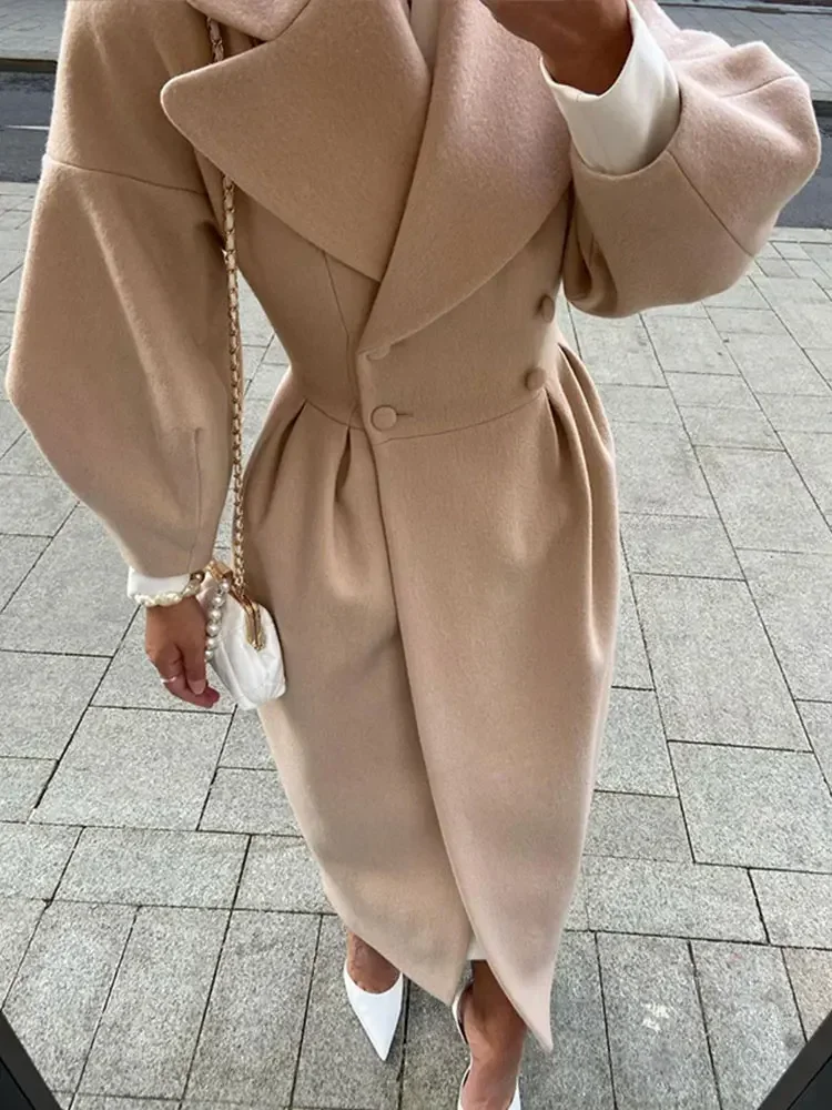 Women Lapel Lantern Sleeve Long Jackets Solid Double Breasted Waist Fold Woolen Coat Winter Thick Warm Female Elegant Outwear