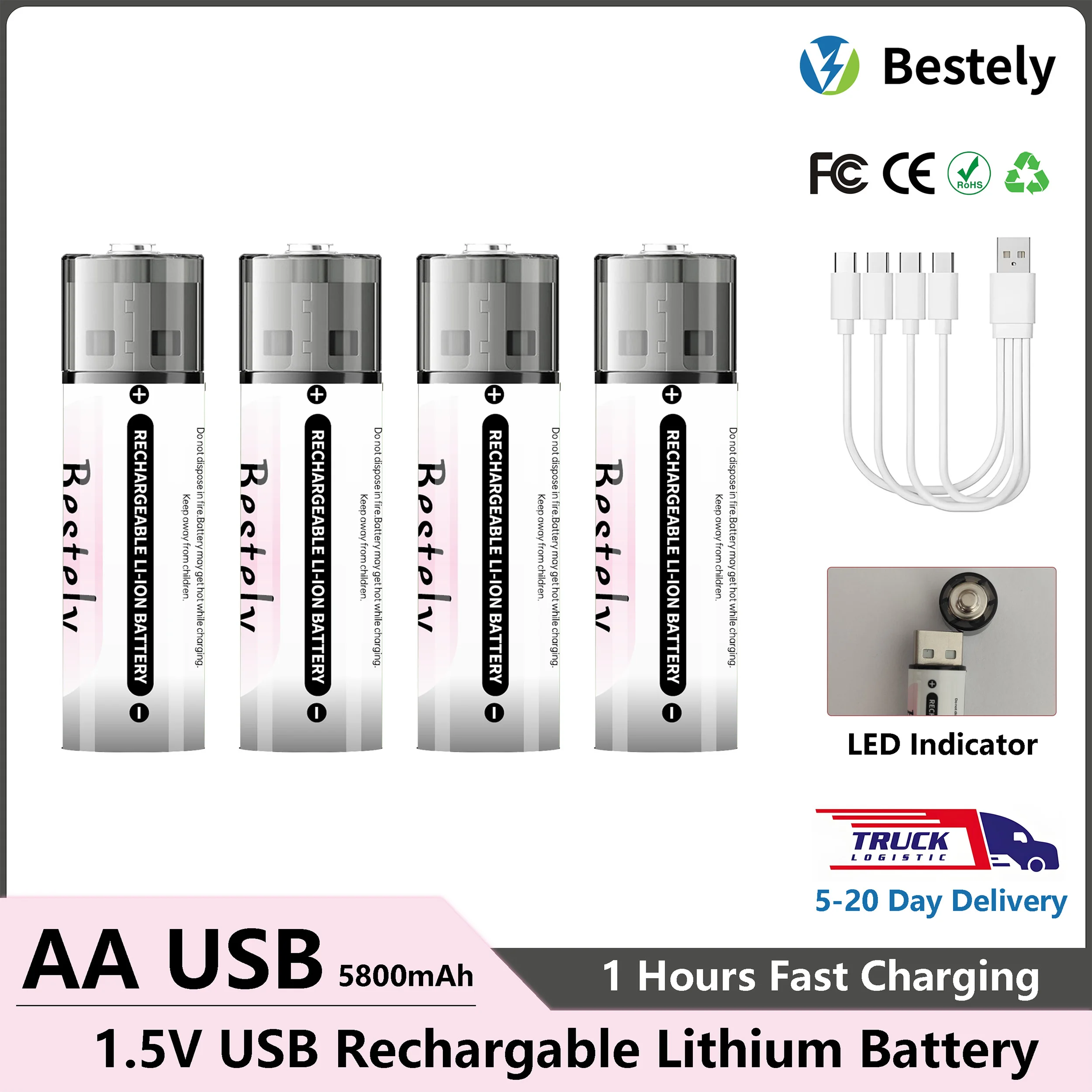 

AA Rechargeable Lithium Battery 1.5v 5800mAh USB Li-ion High capacity 1.5h Fast charging Long lasting