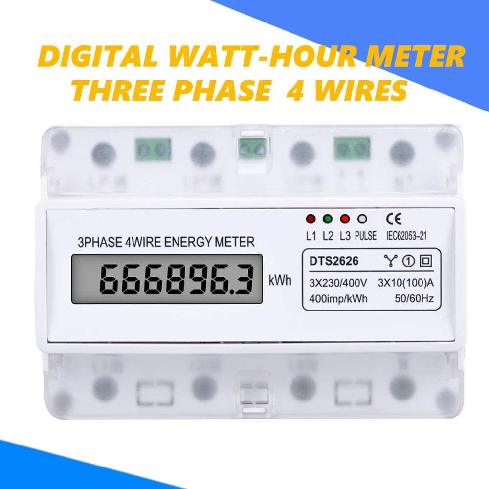 DTS2626 DIN Rail Digital  LCD Display 380V Phase 4 Wires Electric Watt Power Energy Meter Voltage  Wattmeter kWh  3X10 100A AC