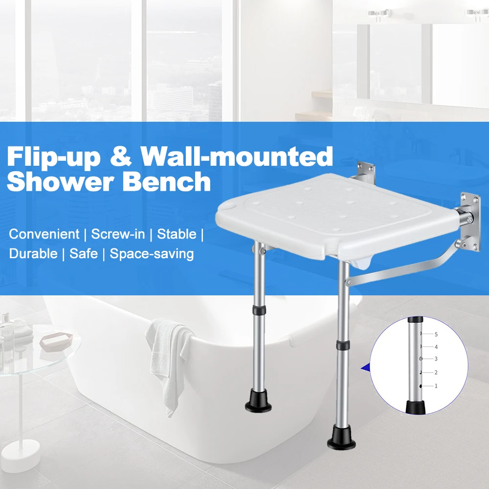 Wall Mounted Shower Seats Folding Shower Bench Bathroom Chair Stool with Non-slip Feet Drainage Holes for Elderly Disabled