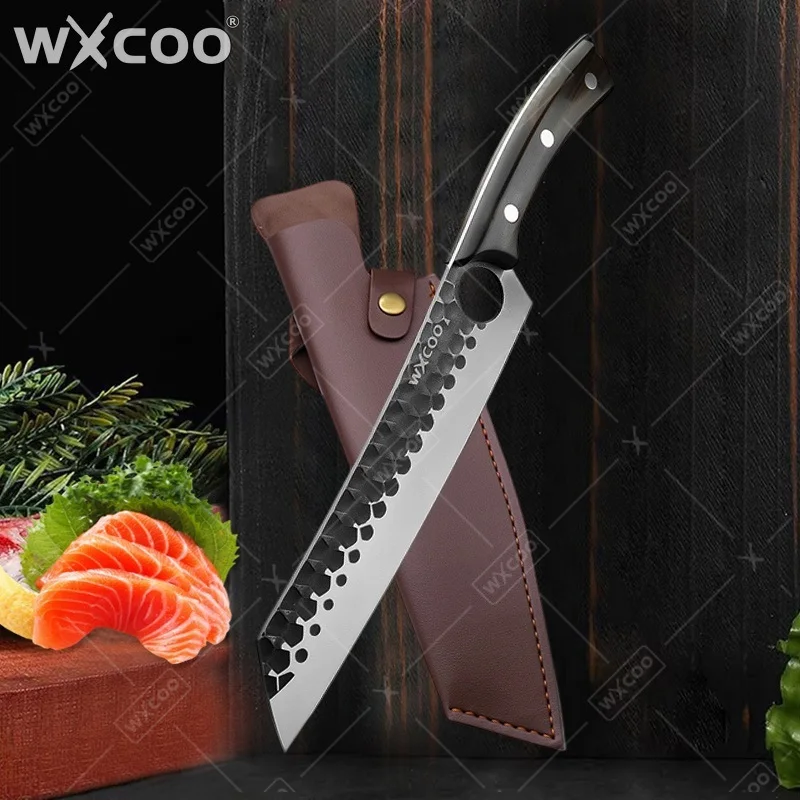 WXCOO Hand-Forged Butcher Knife Wooden Handle Stainless Steel Kitchen Knife with Cover Long Fish Boning Meat Cleaver Slaughter