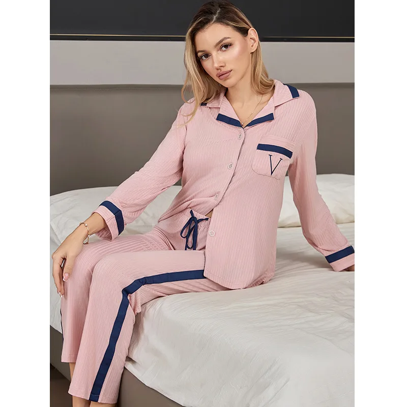 Modal Strip Pajamas For Woman Cardigan Lapel Striped Homewear 2pcs Long-sleeved Trousers Set Home Clothes Sleepwear Nightwear