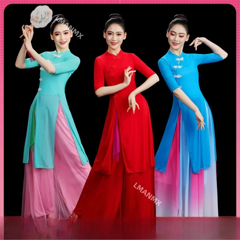 

Классический танцевальный костюм, элегантный комплект для кадриль в древнем стиле, новый костюм для выступлений из марлевого платья для танцев Ципао