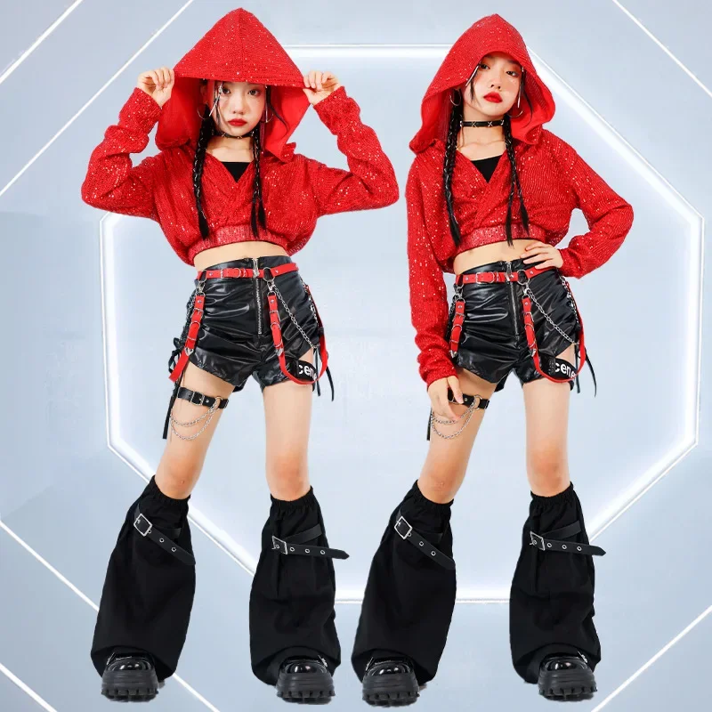 Meninas lantejoulas colheita hoodies dança de rua calças de carga crianças hip hop saias jazz shorts conjuntos de roupas criança streetwear trajes k-pop