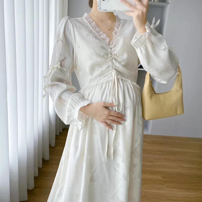 Autumn Plus Size Pregnant Woman Dress Sweet Lace Patchwork Drawstring High Waist Maternity Party Dress Pregnancy Wedding Clothes