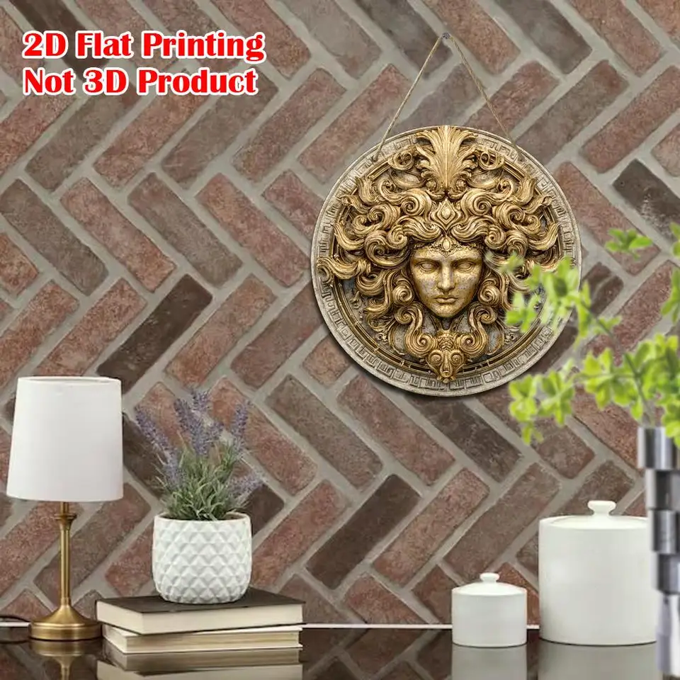 2D Flat, Print, 1pc, Vintage Golden Medusa Theme Round Wooden