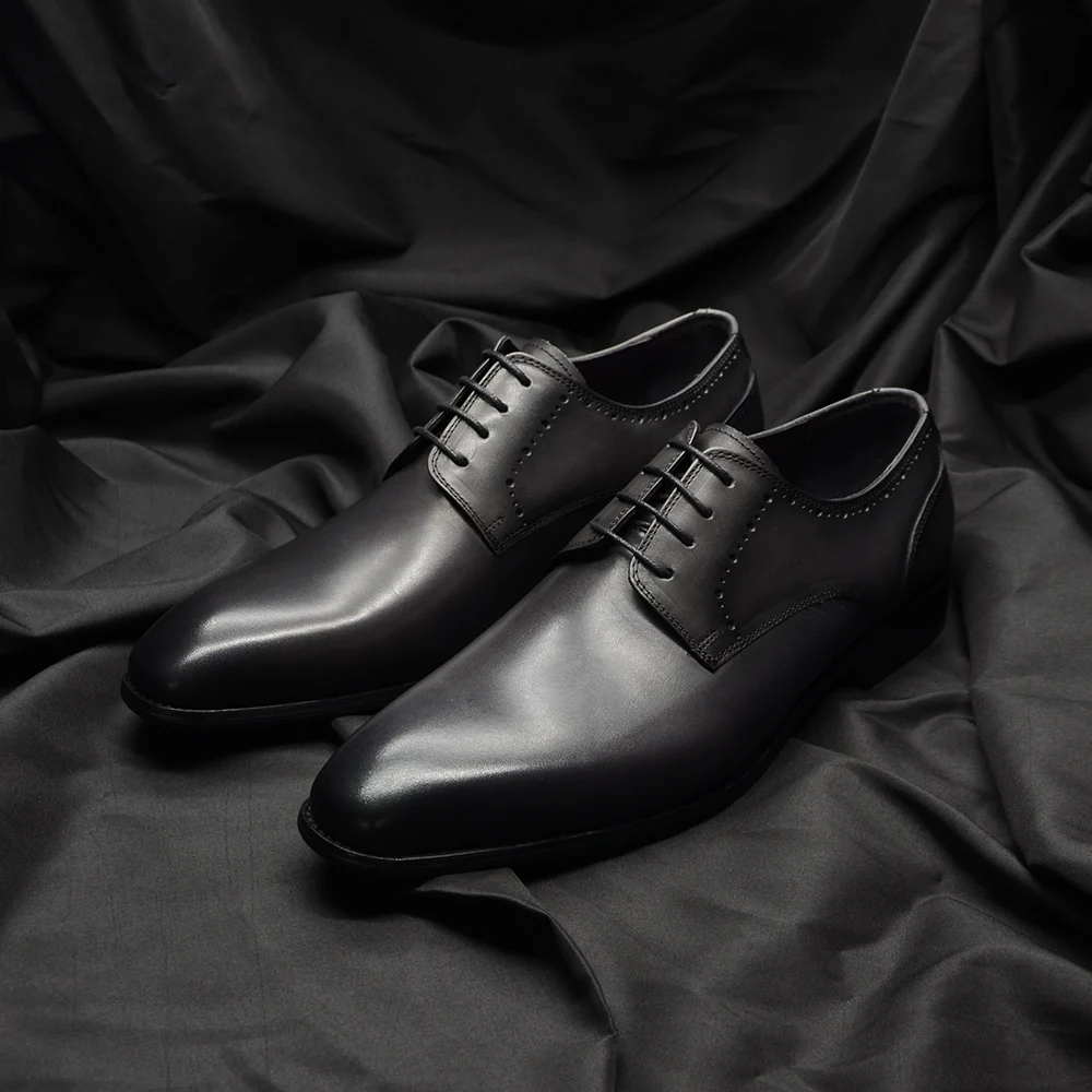 Classic Handmade Men\'s Derby Dress Shoes Gray Genuine Cow Leather Lace-up Pointy Plain Toe Business Wedding Formal Shoes for Men