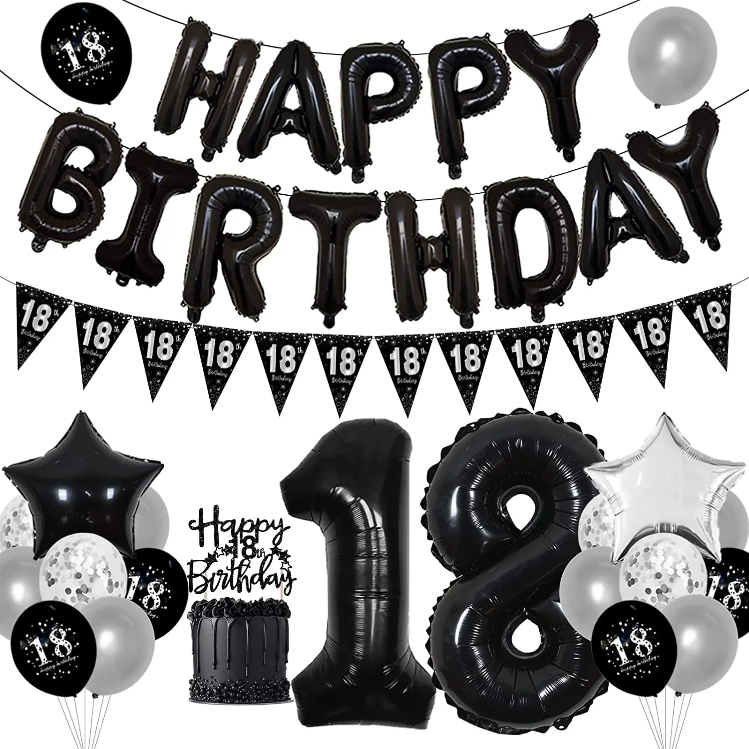 

Cheereveal Black 18th Birthday Party Decorations Happy Birthday Balloons Bunting Banner 18th Birthday Cake Topper for Boys Girls