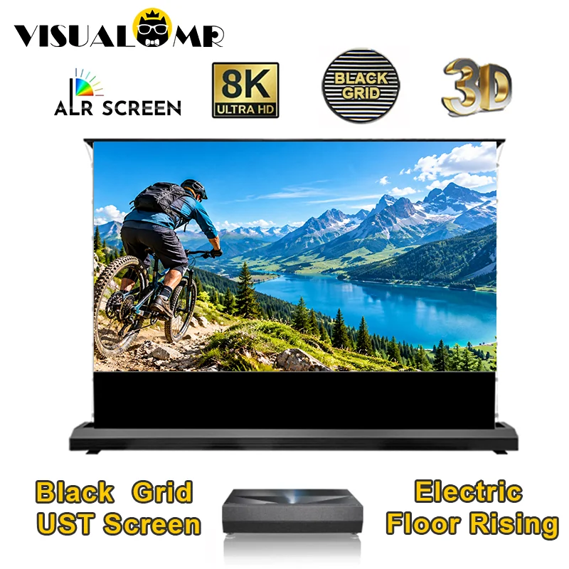 Electric Floor Rising UST ALR Projection Screen Black Grid CLR Tab Tension for Ultra Short Throw Laser TV Projector 4K 8K HDR