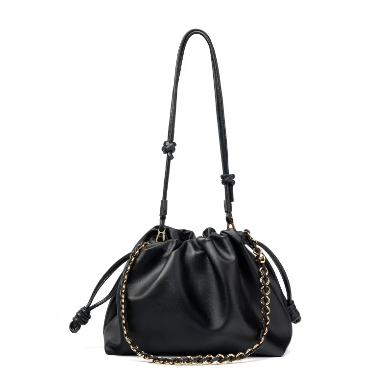 

New Fashionable Women's Dumpling Bag, Large-Capacity Cowhide Cloud Bag, Pleated Drawstring Bag, High-End Handbag, Commuter Shoulder Crossbody Bag