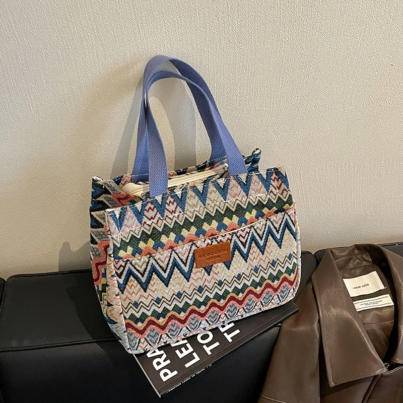 Bohemian Ethno-Stil Geometrischer Druck Canvas-Tragetasche, Bunte Zickzack-Muster Handtasche für Damen, Große Kapazität Pendler-Schultertasche – Detail 12