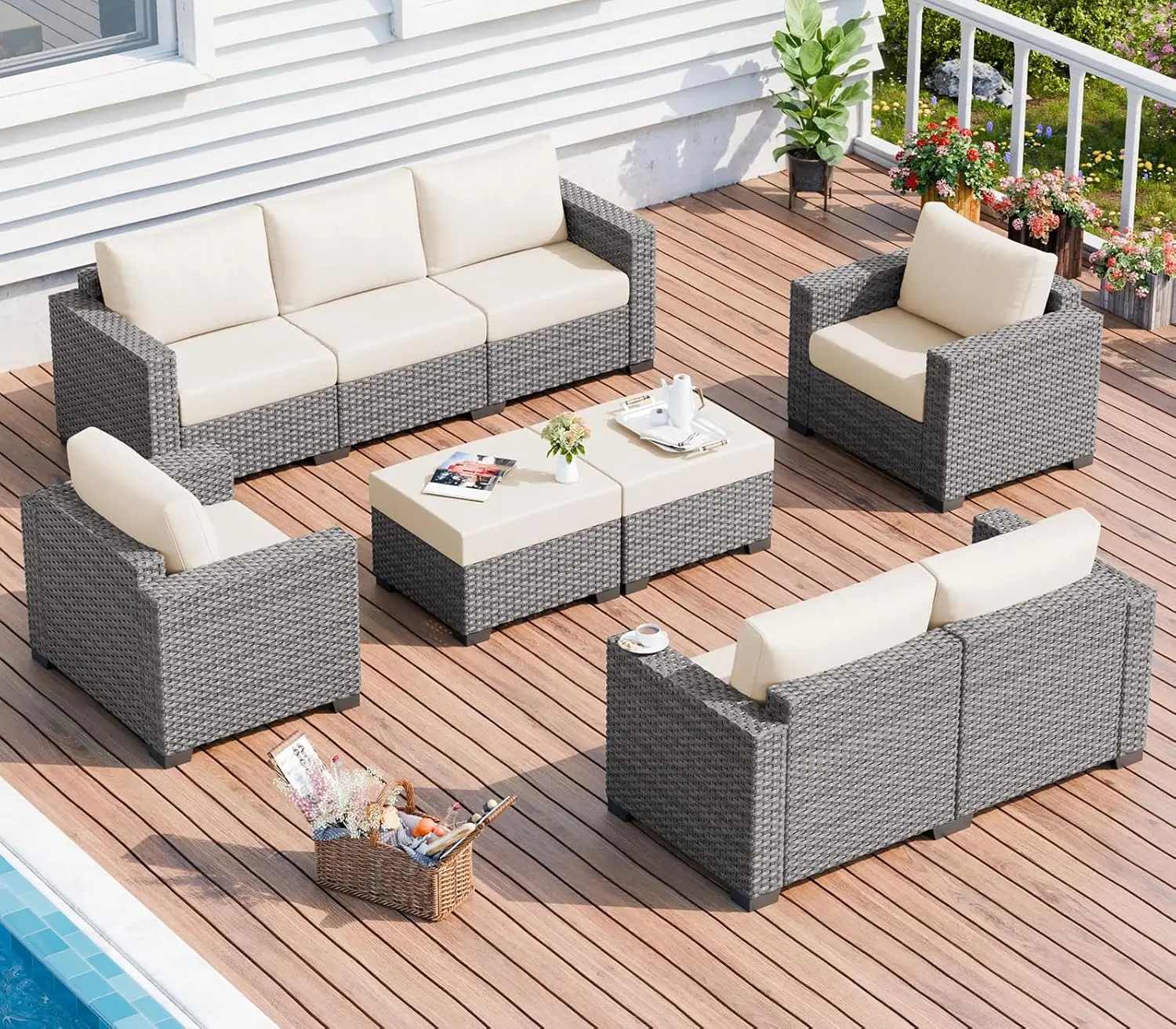 

Patio Furniture Set, Large Outdoor Wicker Sets with Ottoman, High Back Soft Cushion, Conversation Set for Deck,Backyard