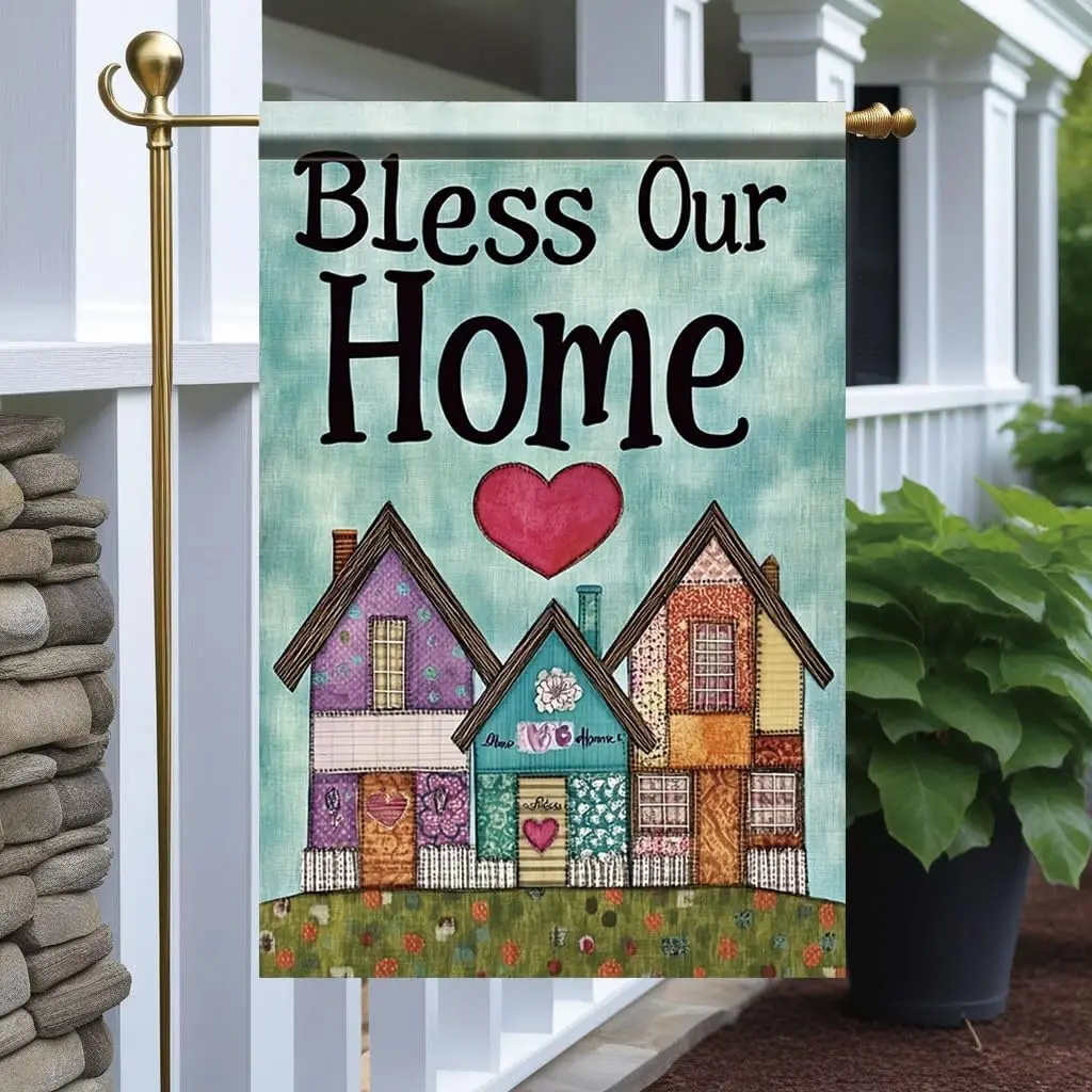 Tomhong Bless Our Home Garden Flag 12x18 Inch Double Sided Outdoor Yard Banner Colorful Houses Heart Design Rustic Patchwork uui
