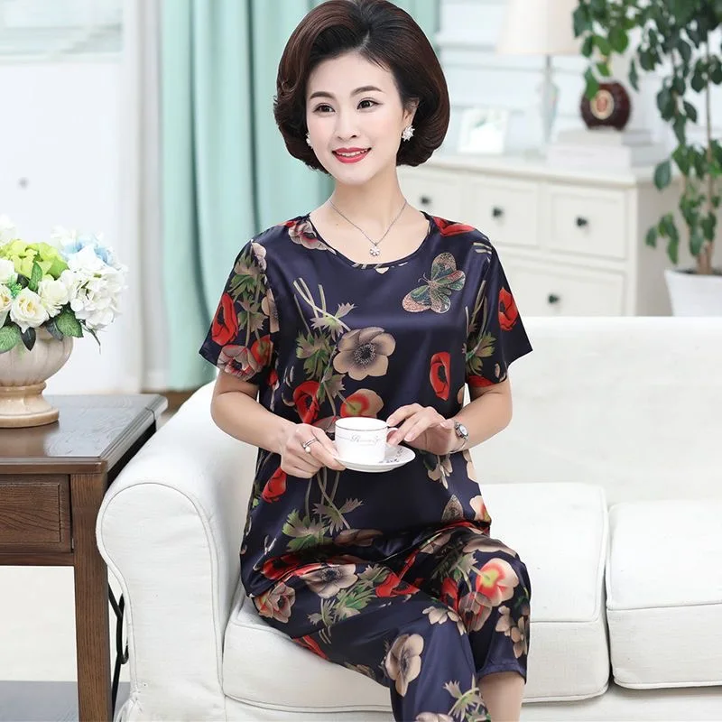 Ice Silk Pajama Set Summer Cool Pijama Feminino Plus Size Homewear Middle Aged Mother Short Sleeve Sleepwear Women Home Clothes