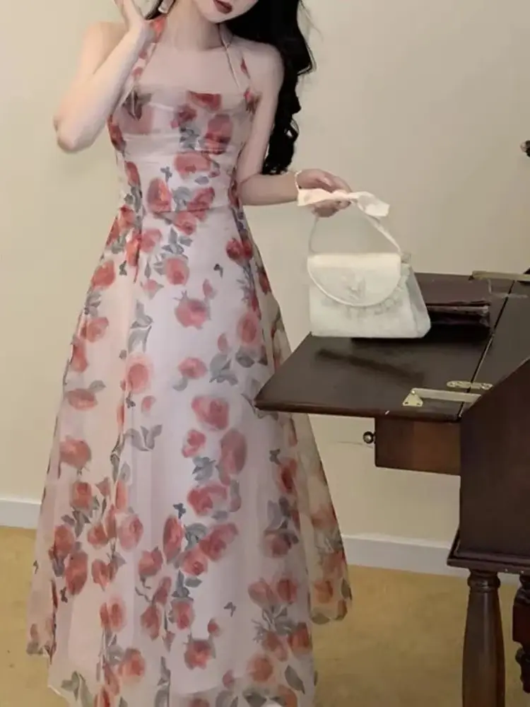 빈티지 한국 스타일 플로럴 쉬폰 홀터 드레스 백리스 우아한 미디 드레스 여성용 프랑스 파티에 완벽한 드레스