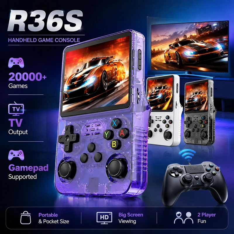 20000+ Games R36S 64G Handheld Game Console with 3.5-inch Screen,Portable Pocket Video Game Player Kid Gift