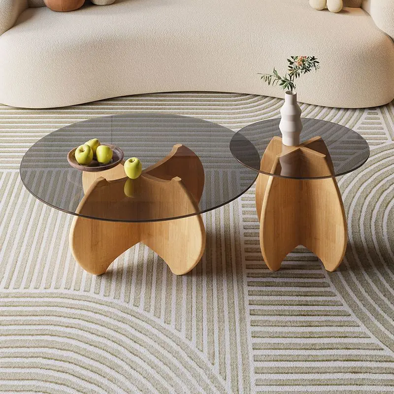 //Modern Minimalist Tempered Glass Round Coffee Table With Solid Wood Legs Easy Assembly For Living Room Apartment Home