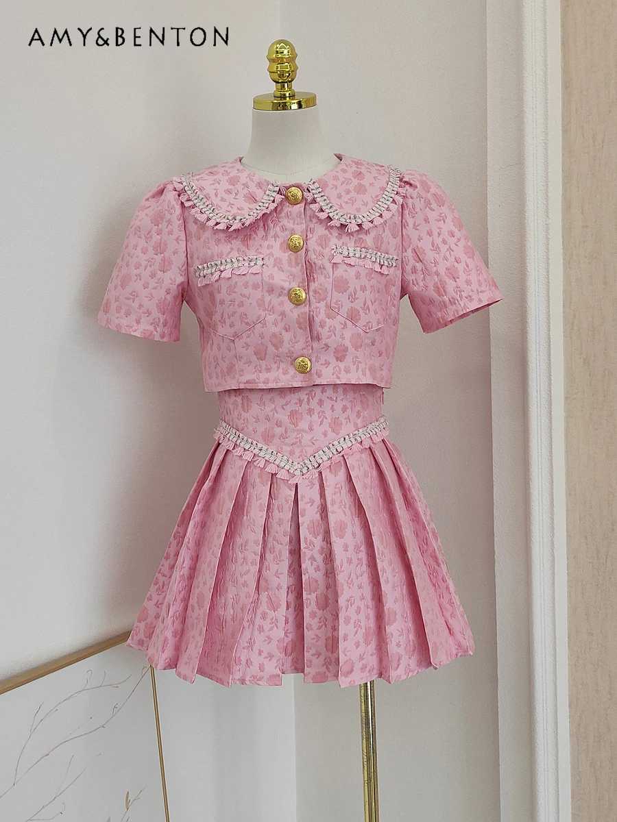 

French Socialite Doll Collar Jacquard Top Pleated High Waist Two Piece Sets Womens Outfits Summer New High-Grade Skirt Sets