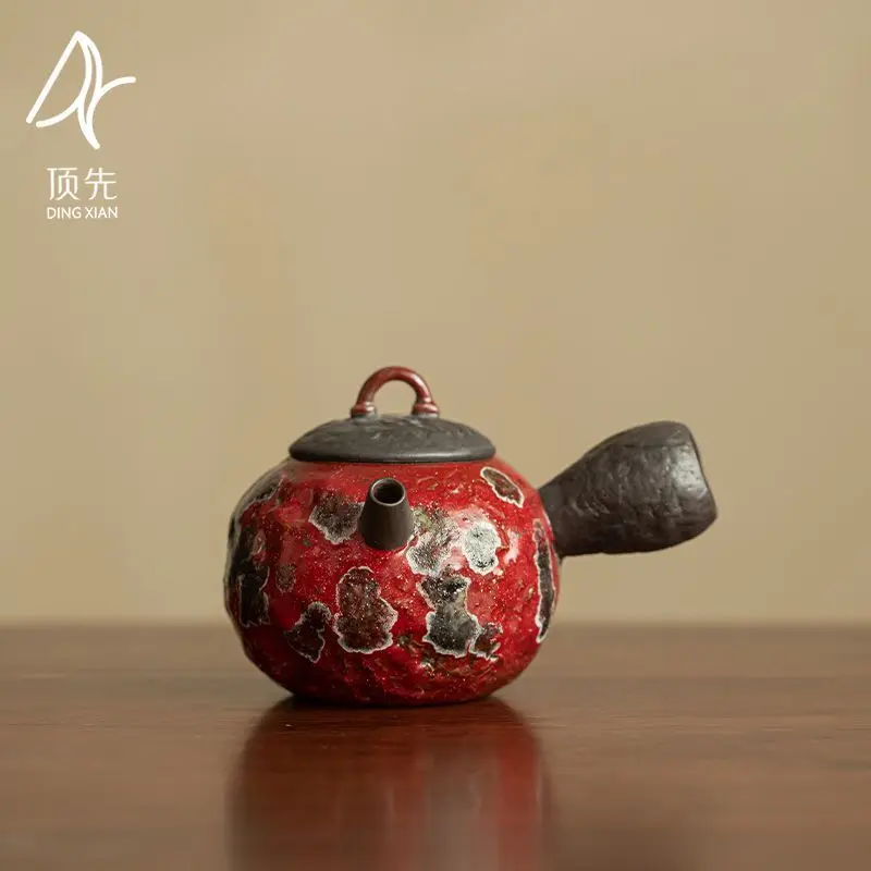 

Элитный керамический чайный набор для Кунг-фу Kiln Change Nezha Red Side с защитой от ожогов, чайник с ручкой, одиночный заварочный чайник