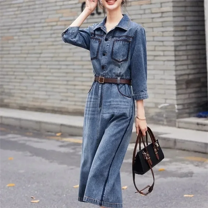 Vintage Denim Dress Fashion Blue New Belt Shirt High Quality Dress Temperament Lapel Pocket Spring and Autumn