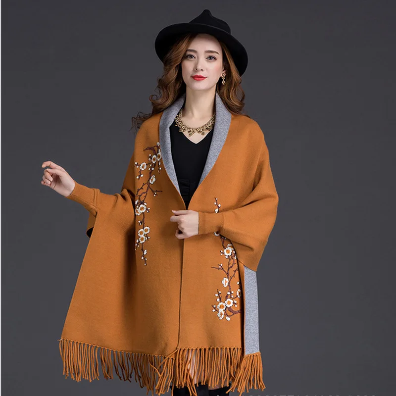 

17 Color Embroidered Plum Blossom Knitted Cape Thick Lady Knits Poncho With Tassel Scarf Warm Winter Women Shawl Knitwear Coat