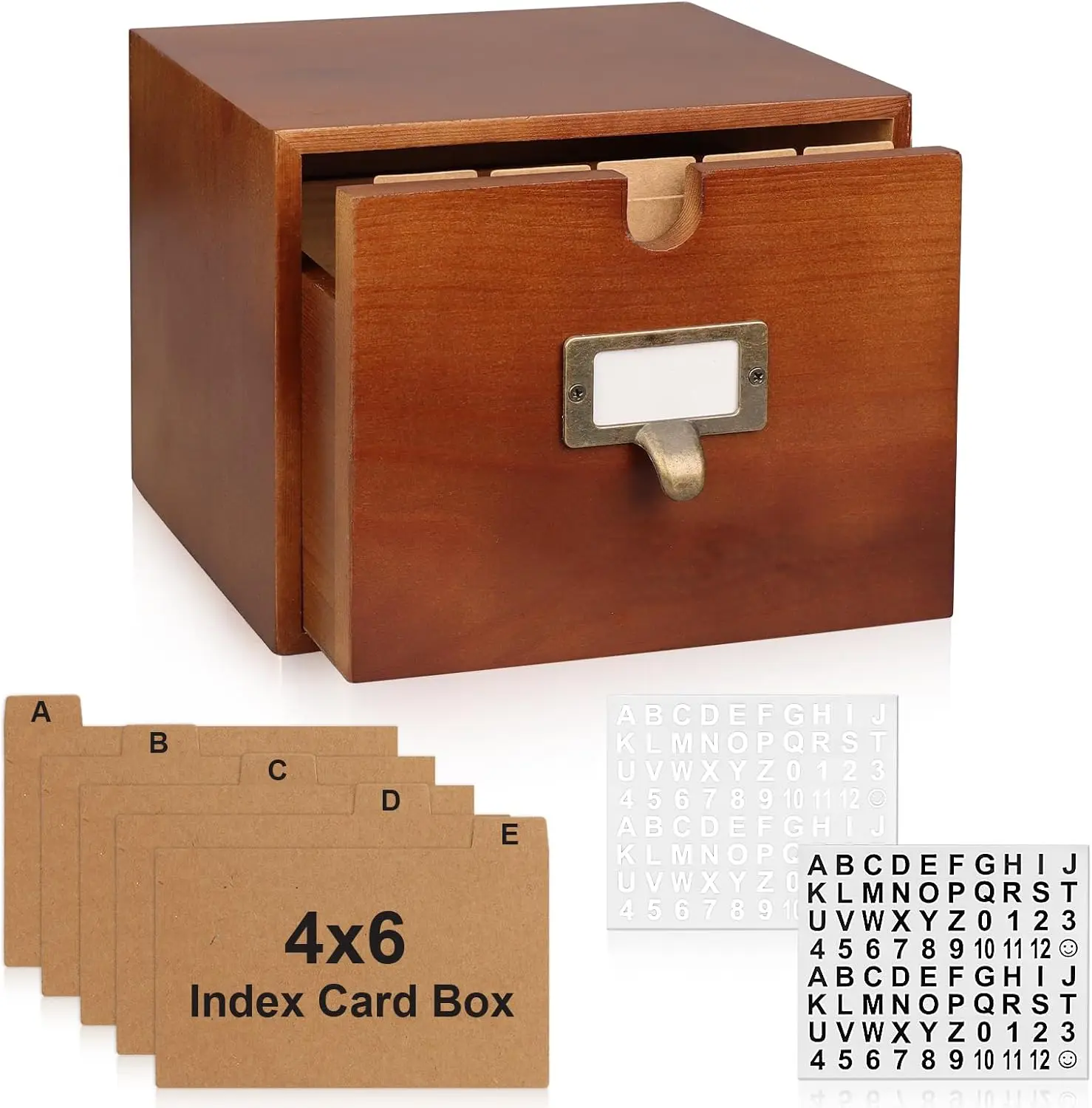 

Винтажный деревянный органайзер для карточек с 4 ящиками, разделителями и наклейками для организации офиса и школы