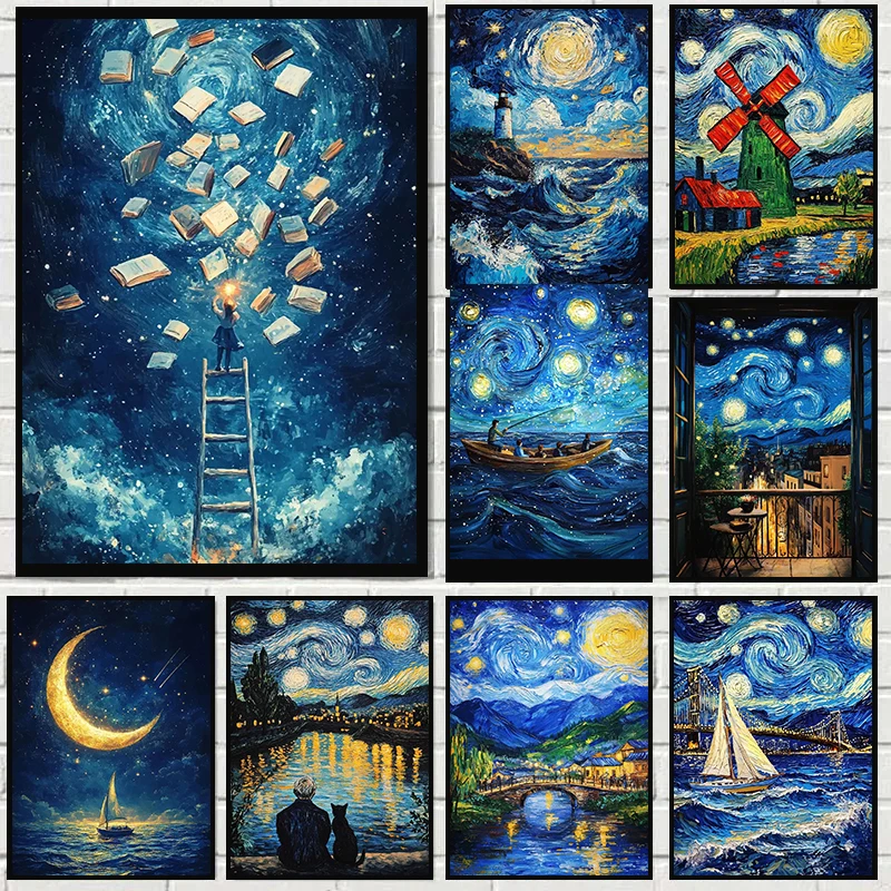 

Vintage Abstract Van Gogh Landscape Poster London New York Starry Night Print Canvas Painting Wall Art Home Living Room Decor