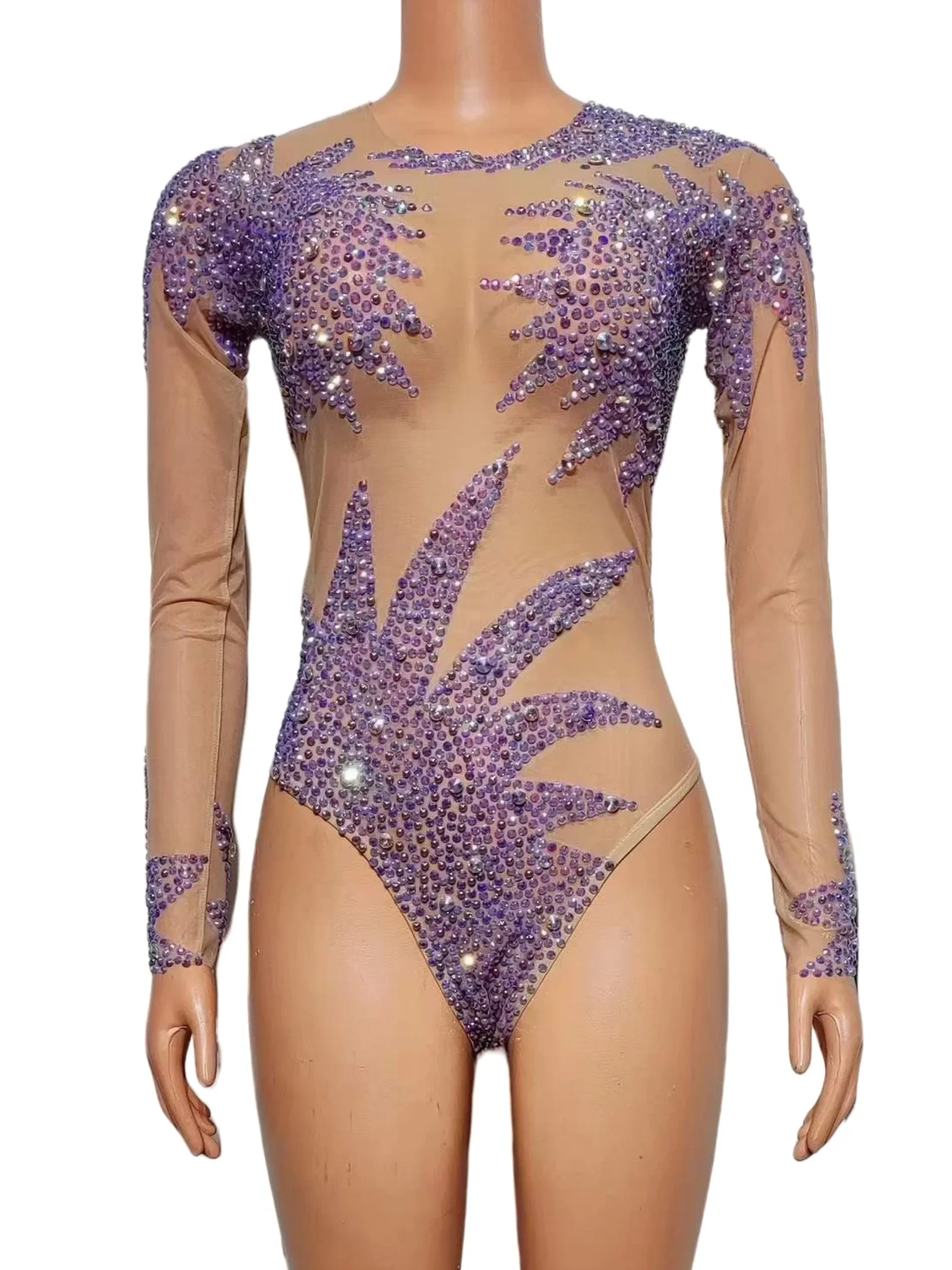 Rhinestone Bodysuits Women One Piece Stretch Sheer Mesh Long Sleeve Dance Costume