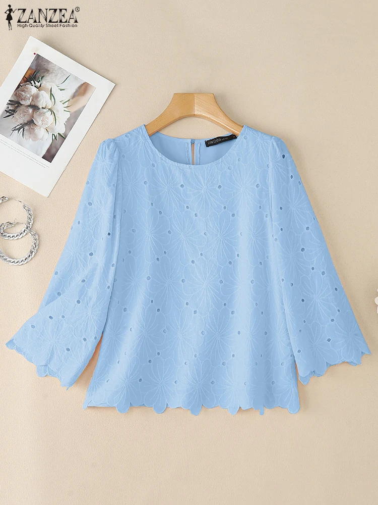 

ZANZEA Woman Elegant Blouses Fall 2025 O-Neck 3/4 Sleeve Openwork Embroidered Blusas Mujer Everyday Casual Patchwork Solid Tops