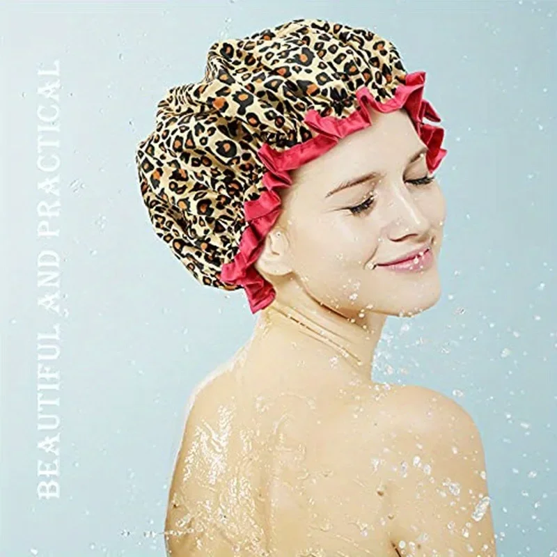 1Pc Waterproof Double-Layer Shower Cap Leopard Print Wave Point Elastic Reusable for Kitchen Anti-Oil Bath Supplies Daily Use