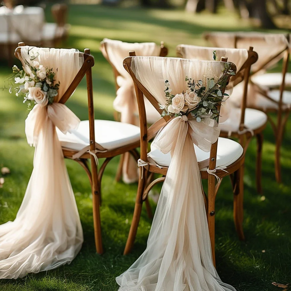 6PCS Wedding Chair Sash Solid Color Tulle Sheer Fabric Mesh Table Runner for Weddings Engagements Valentine's Day Party Decora