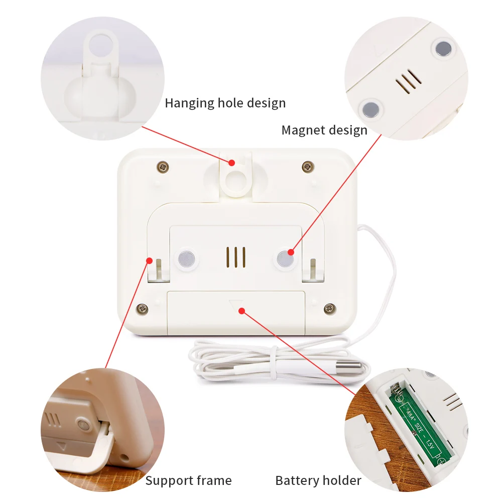Penguji Suhu Termometer Digital LCD -50 hingga 100 ℃   Pengukur Suhu dengan Probe Eksternal Alarm Overtemperatura Bagian Belakang Magnetik Kuat