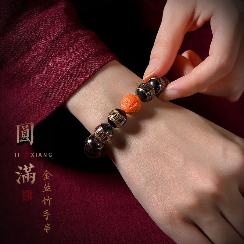 Natural Dragon Blood Stripp Bamboo Bracelet Crafts Southern Red Agate Silver Eight Auspicious Symbols Lucky Beads Couple Gift