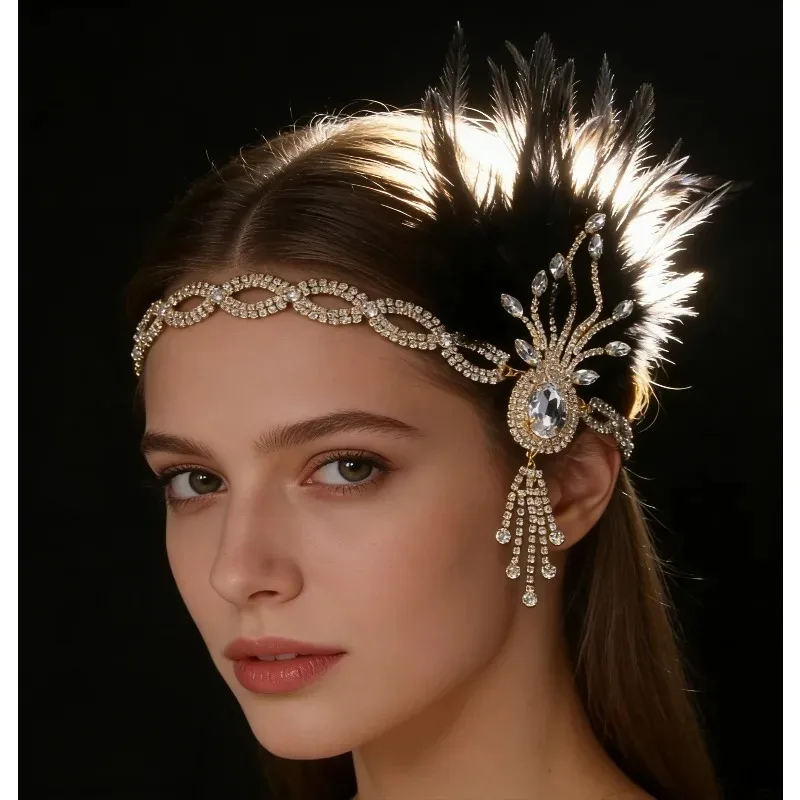 Vintage 1920s Flapper Hair Accessory, Black Feather Crystal Tiara, Sparkly Prom Hairpiece for Gatsby Themed Party & Photoshoot