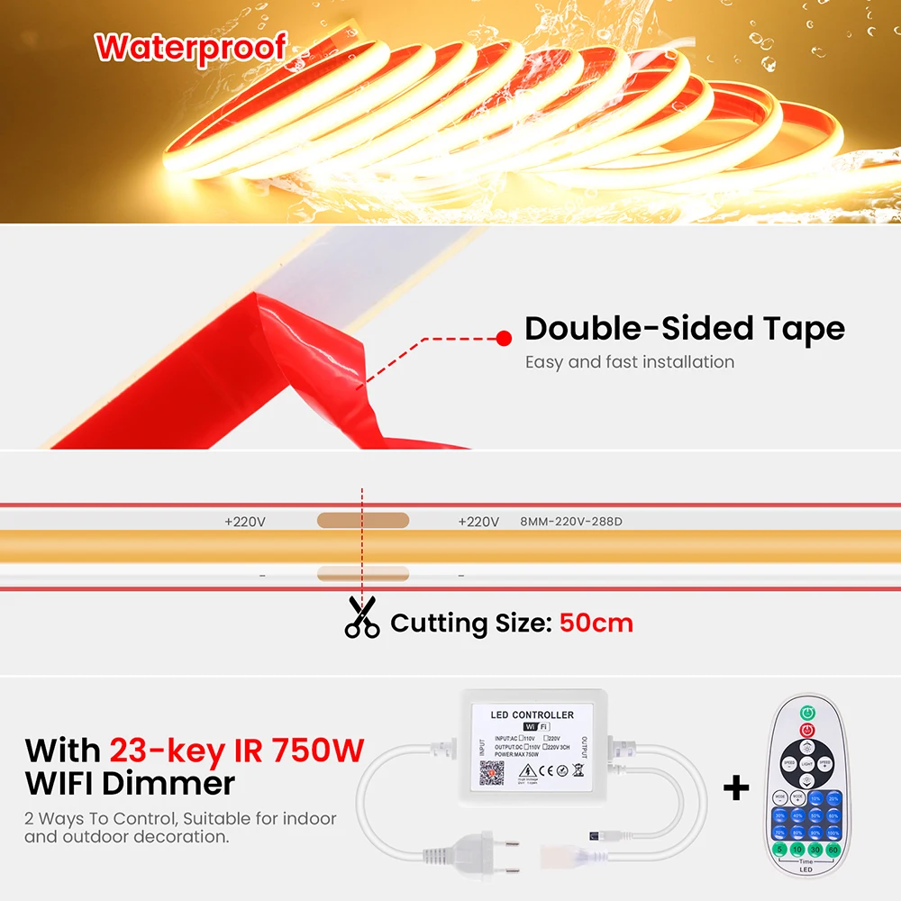 Dimmable 220V COB LED Strip Light WIFI Bluetooth Wall Touch 23key Remote Control Power Kit 288LED Flex Tape IP67 Waterproof Lamp