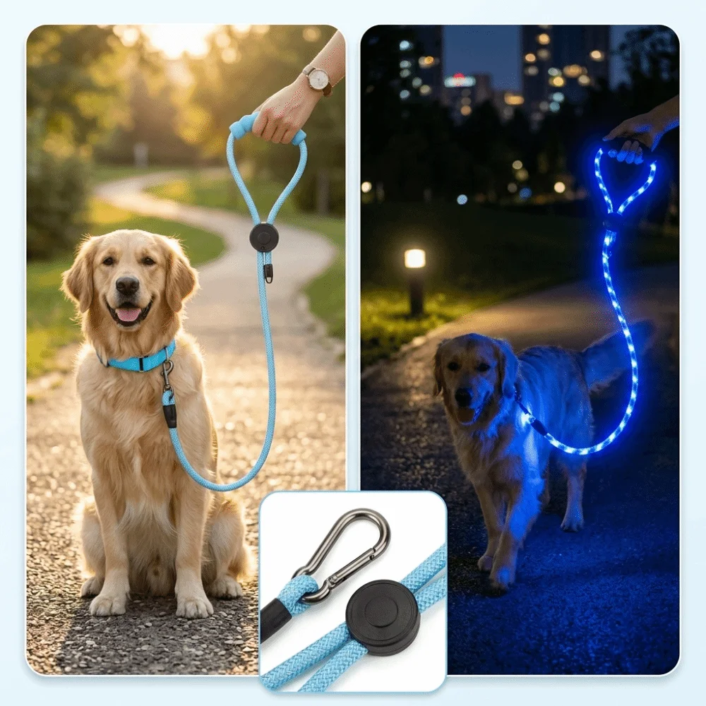 USB Charging LED Dog Leash Super Bright LED Sturdy Wear Resistant Pet Traction Rope Spiral Braided Nylon Multiple Light Modes