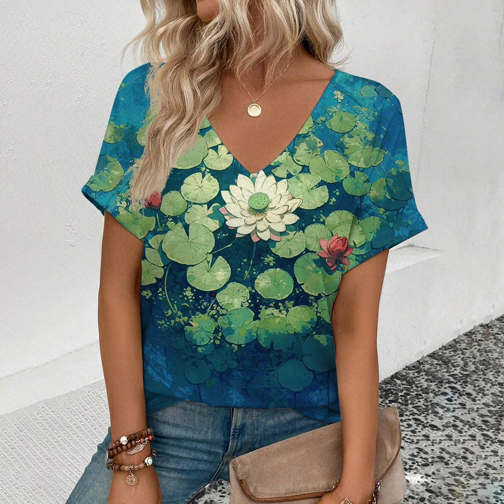 

Летняя футболка с 3D принтом лотоса для пруда, женская уличная одежда, повседневные футболки Y2k, топы, женские футболки с v-образным вырезом в стиле Харадзюку, одежда больших размеров