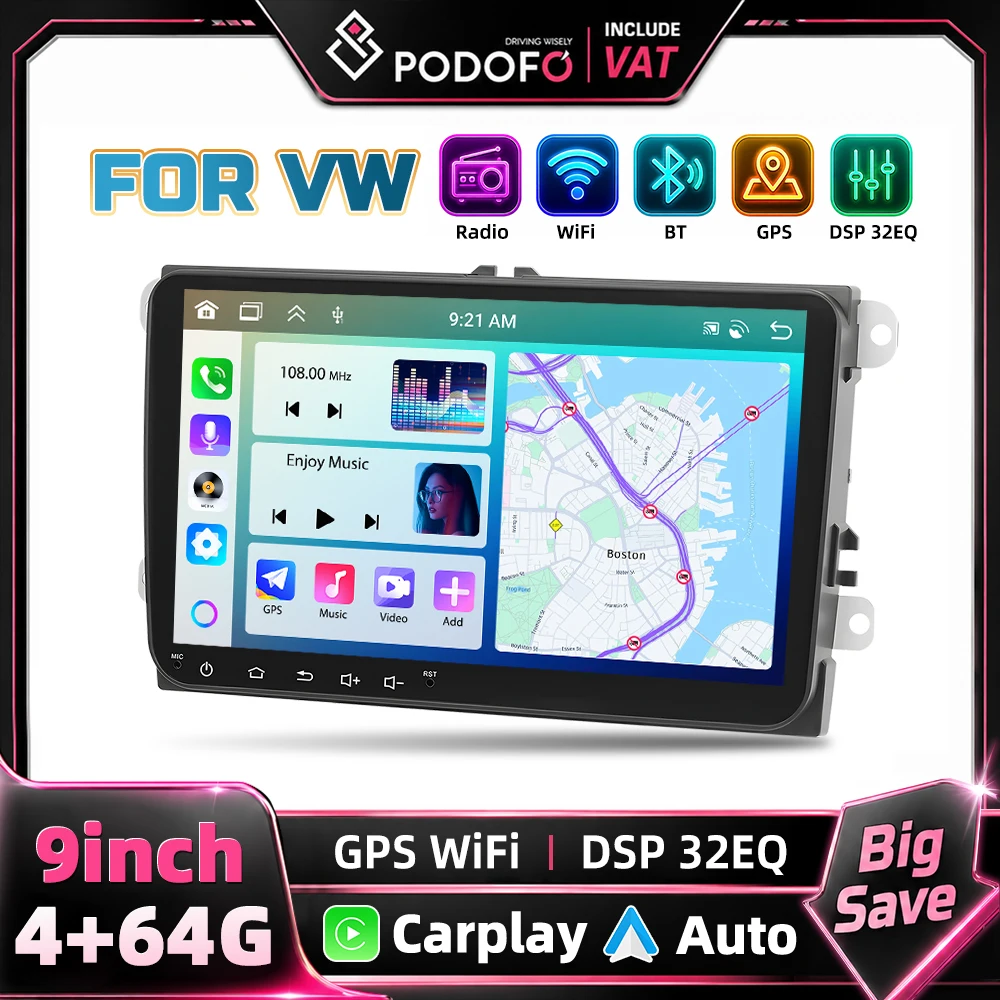Podofo 9 Zoll 2DIN Multifunktionales Autoradio Android-System Carplay Android Auto GPS FM RDS Für VW Passat Golf Skoda Octavia Superb Leon Stereosystem