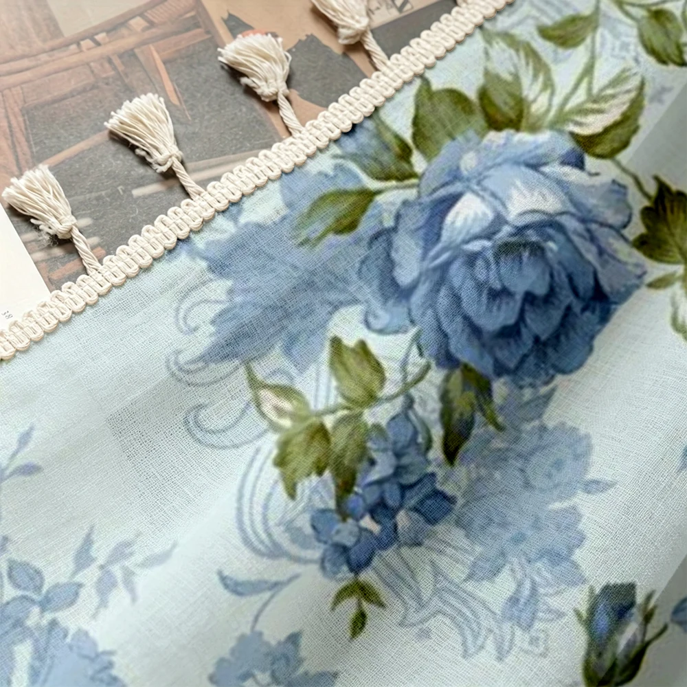 1PC Floral Tassel Sheer Curtains, Blue Peony Rose, Digital Print, Polyester, Bedroom Living Room, Rod Pocket, Home Decor