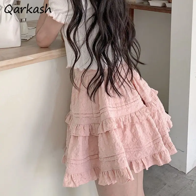 

Hotsweet Cake Mini Skirts Women Ruffles Pink Elastic Waist Tiered Summer A-Line Cute Chic Japanese Style All-match Faldas Mujer