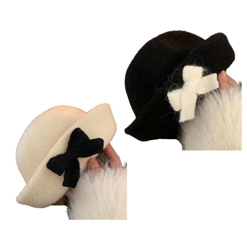 

Harajuku Bowknot Sailor Hat Woman Girls Winter Plush Thick Roll Brim Bucket Hat Adult Teens Windproof Outdoor Skiing Cycling Cap