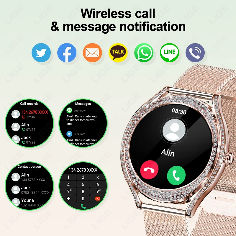 LIGE Smart Watch Women Touch Screen Bluetooth Call Fitness Sport Bracelet Health Monitoring Shinning Diamond Smartwatch For Lady