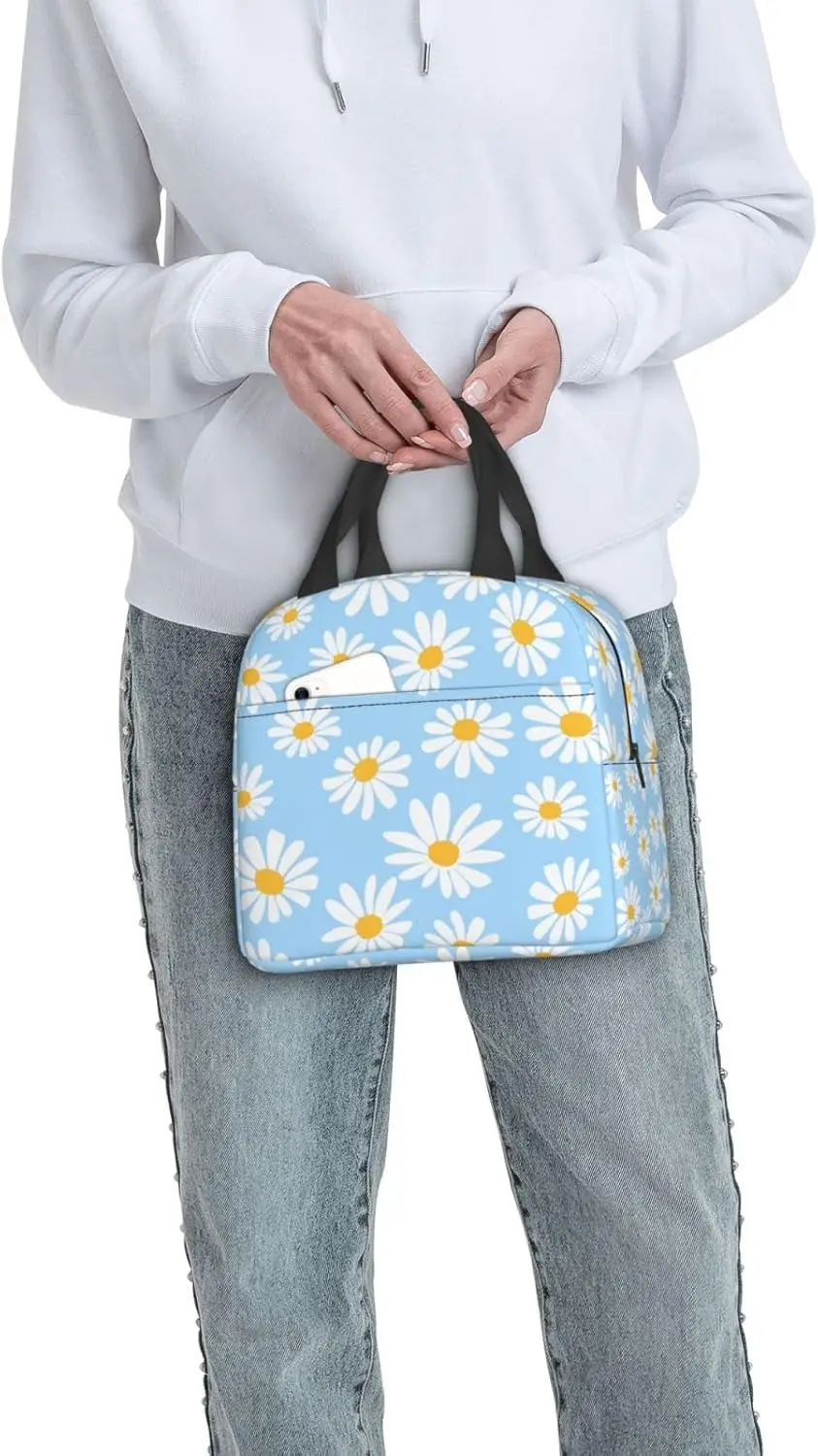 Pretty Floral Daisy Light Blue Lunch Bag Insulated Lunch Box Reusable Lunchbox Waterproof Portable Lunch Tote for Women Girls