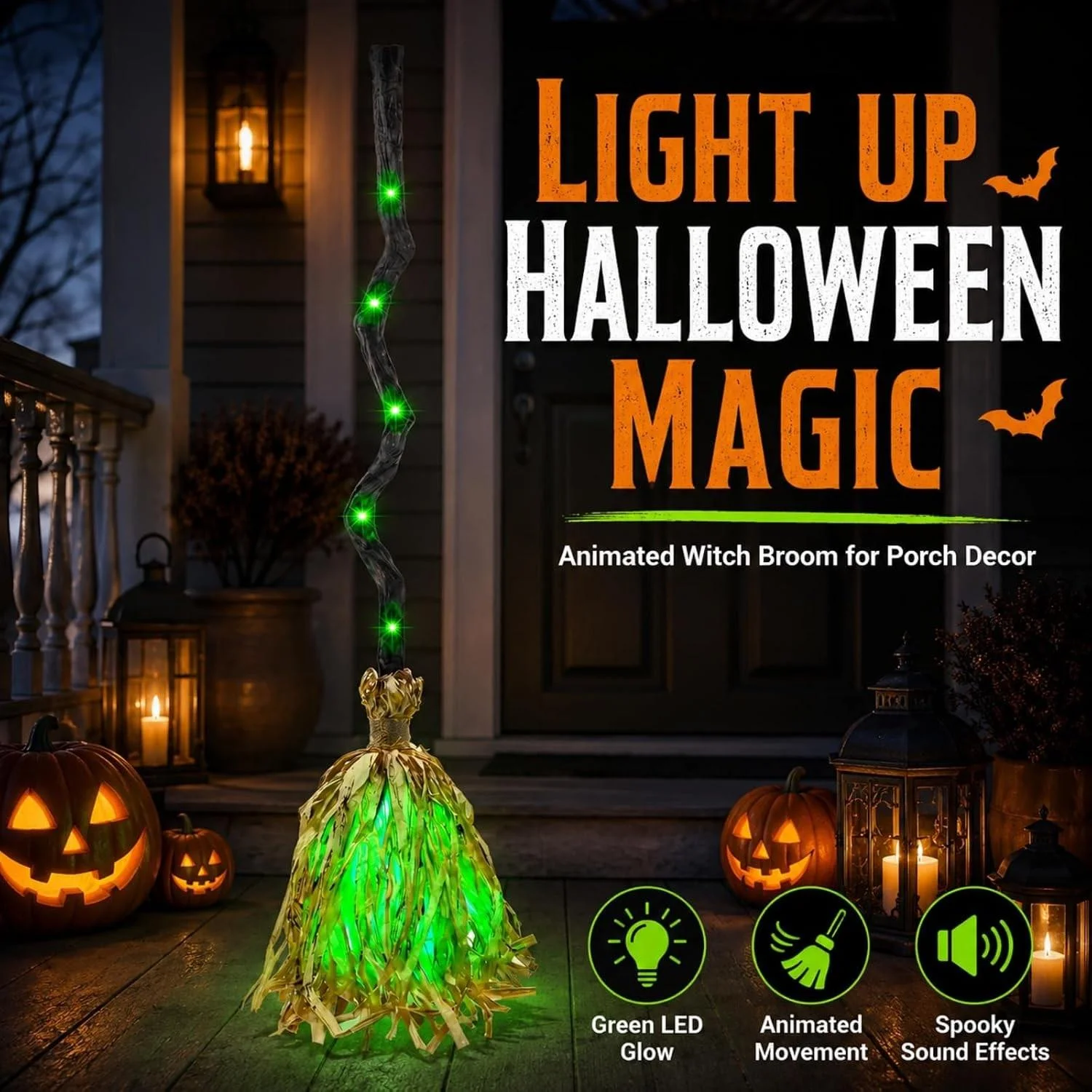Halloween Witch Broom Light, Sound-Activated LED Broom 35-Inch Dynamic Broom with Leds Spooky Sounds Indoor/outdoor Decor