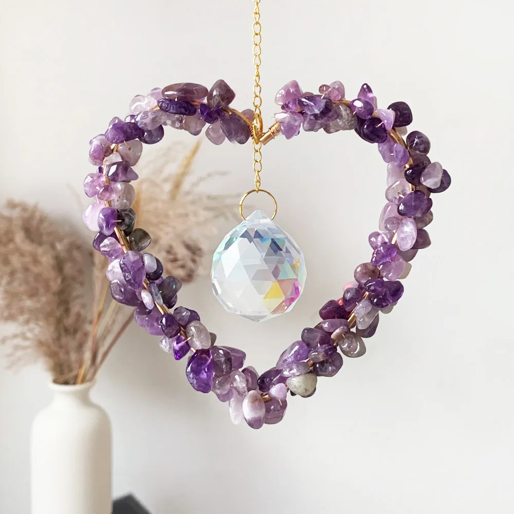 Custom Gold Heart Shape Amethyst Crystal Chip Sun Catcher - Glass Pendants Hanging Ornament for Window Decor